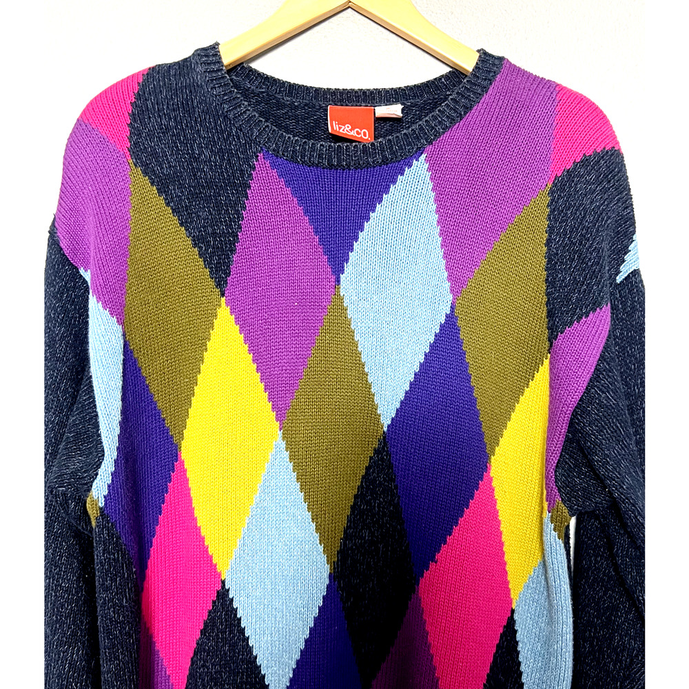 Vtg Liz & Co Medium 90's Retro Sweater Diamond Argyle Multicolor Festival Preppy